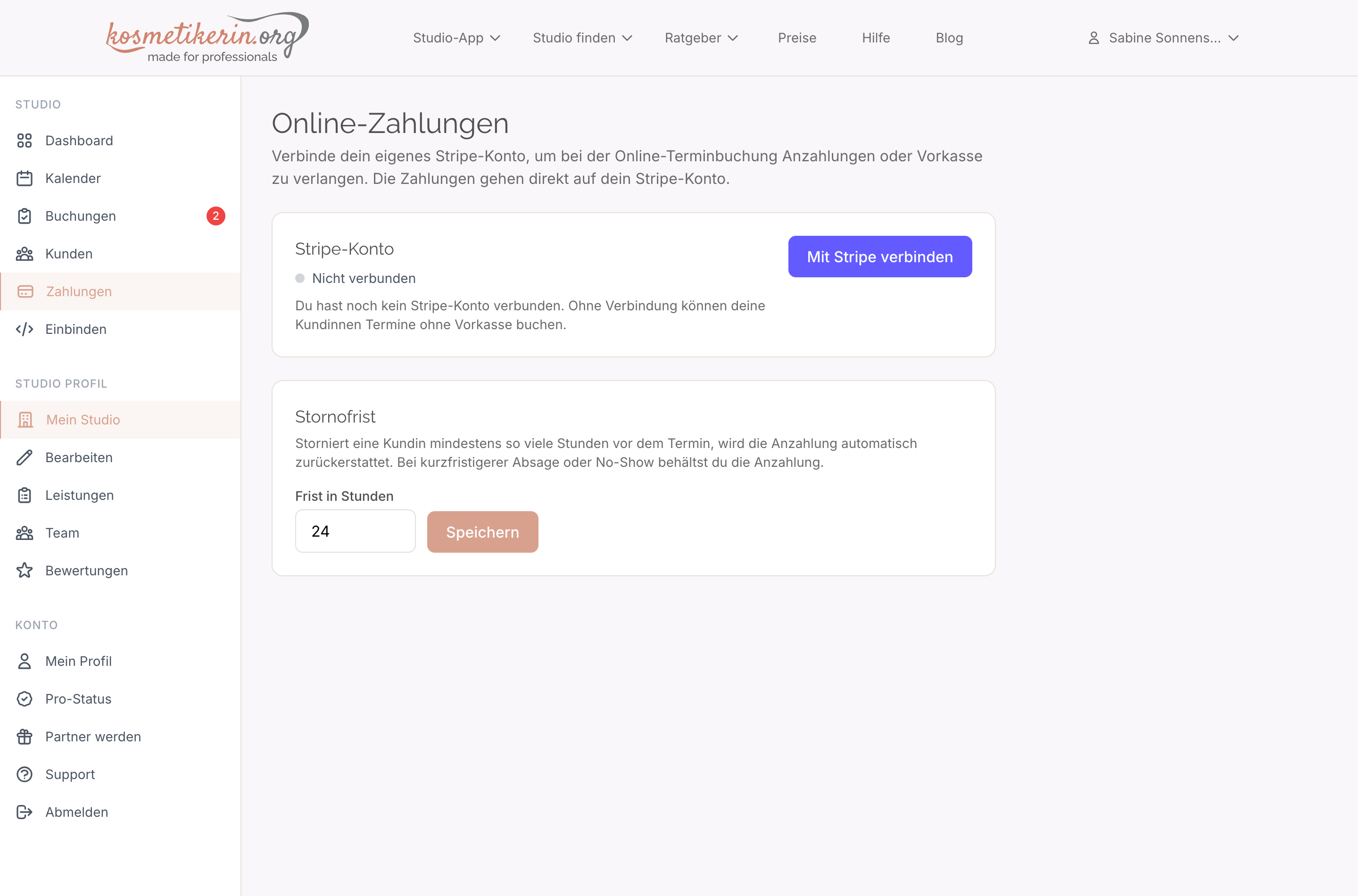 Zahlungen und Anzahlungen in der Studio-App