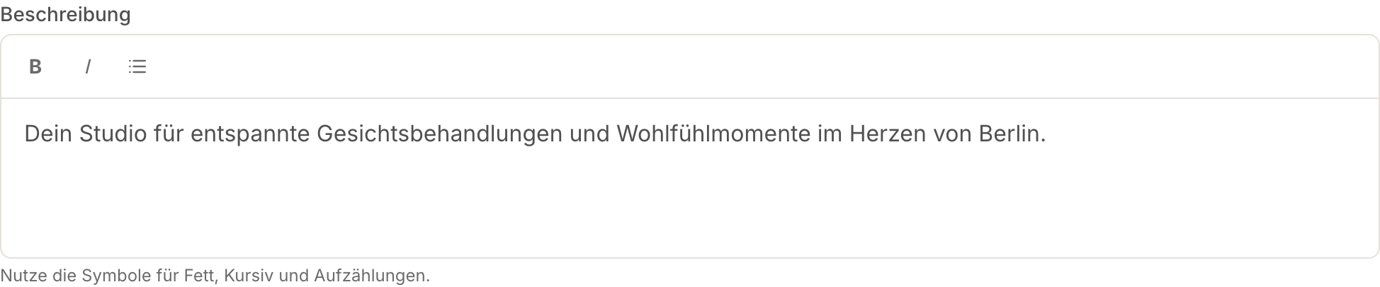 Beschreibungs-Editor mit Fett, Kursiv und Aufzählung