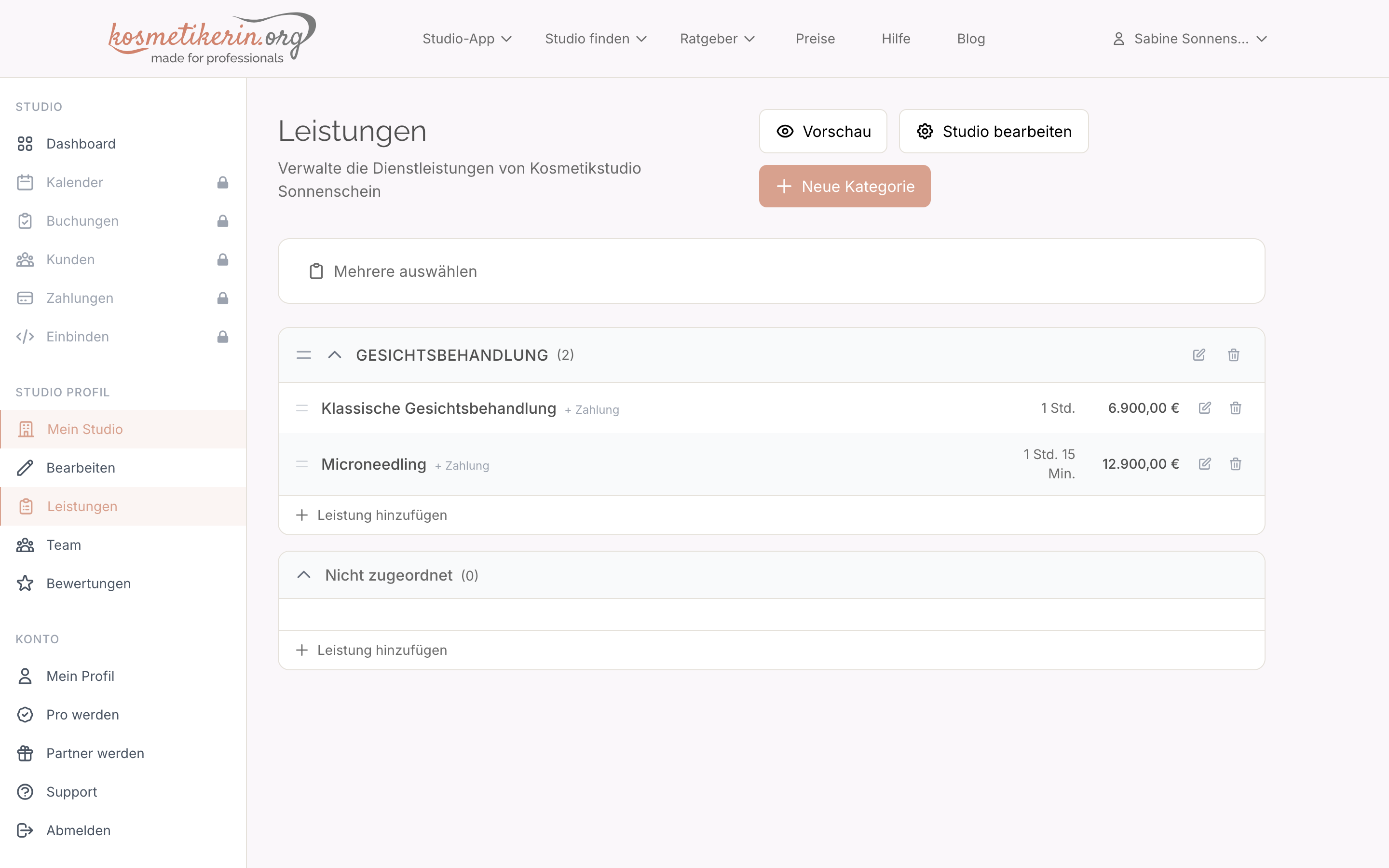 Leistungen und Preise im Studio-Konto verwalten