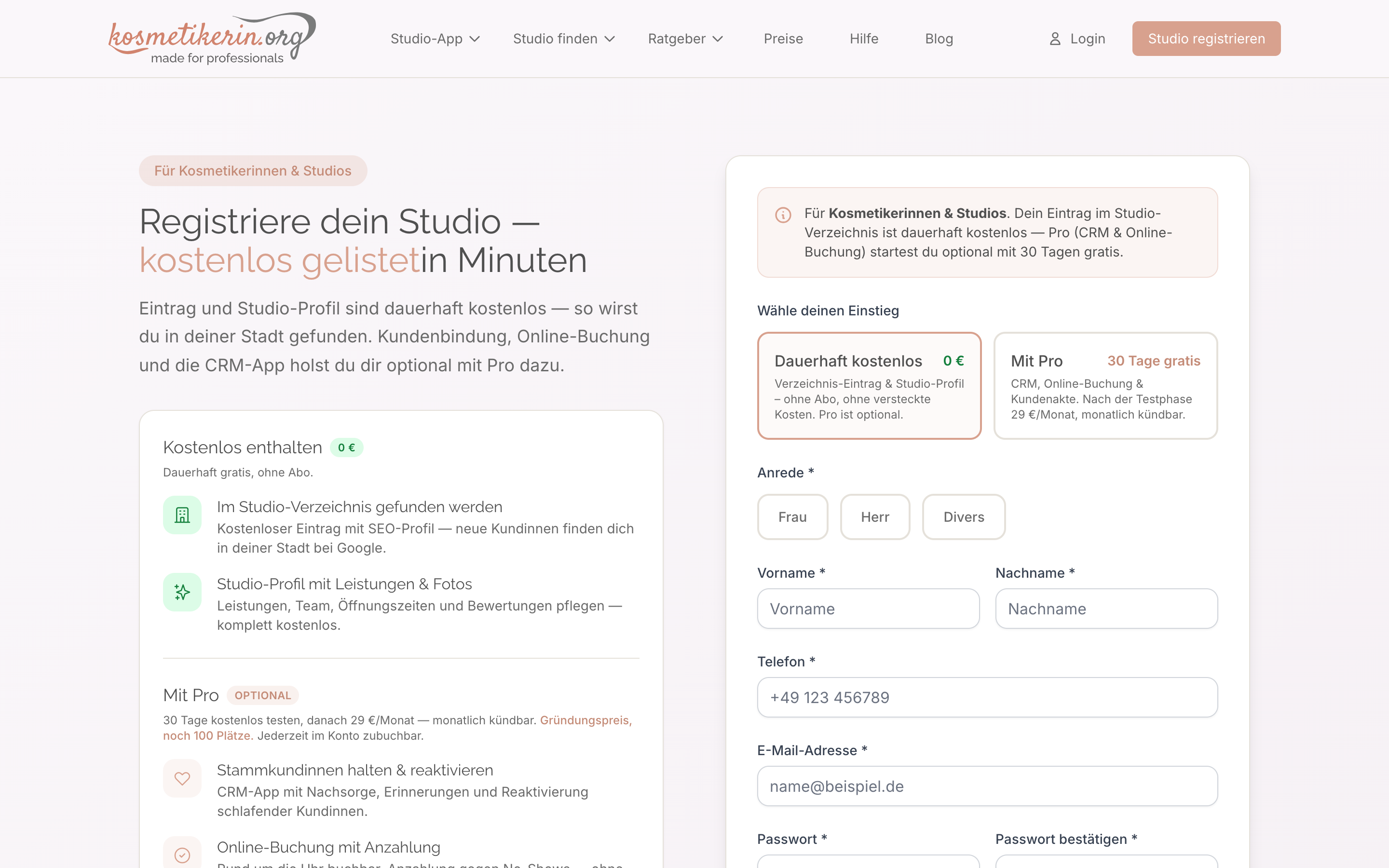 Registrierungsformular von kosmetikerin.org
