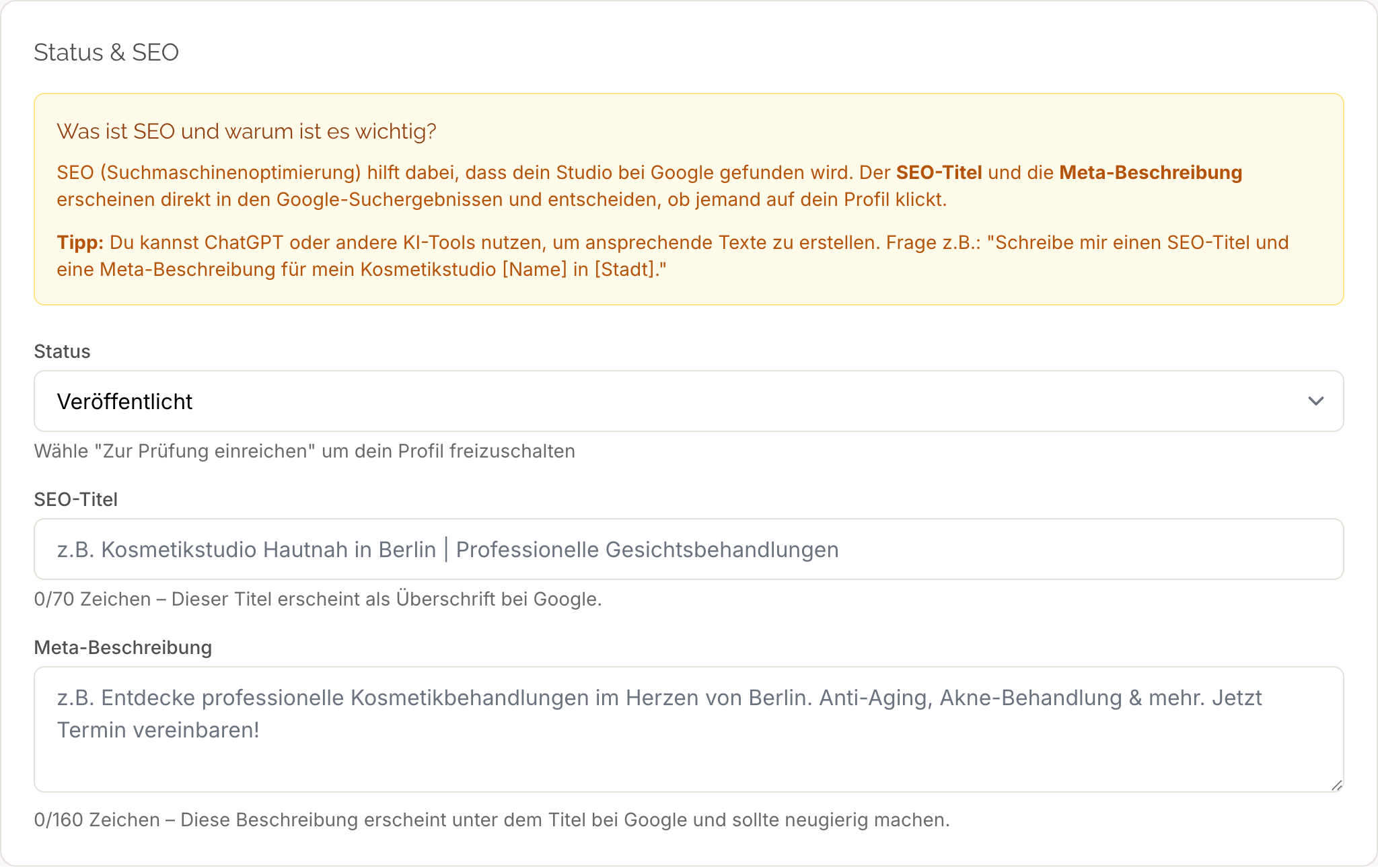 SEO-Einstellungen: Titel und Meta-Beschreibung